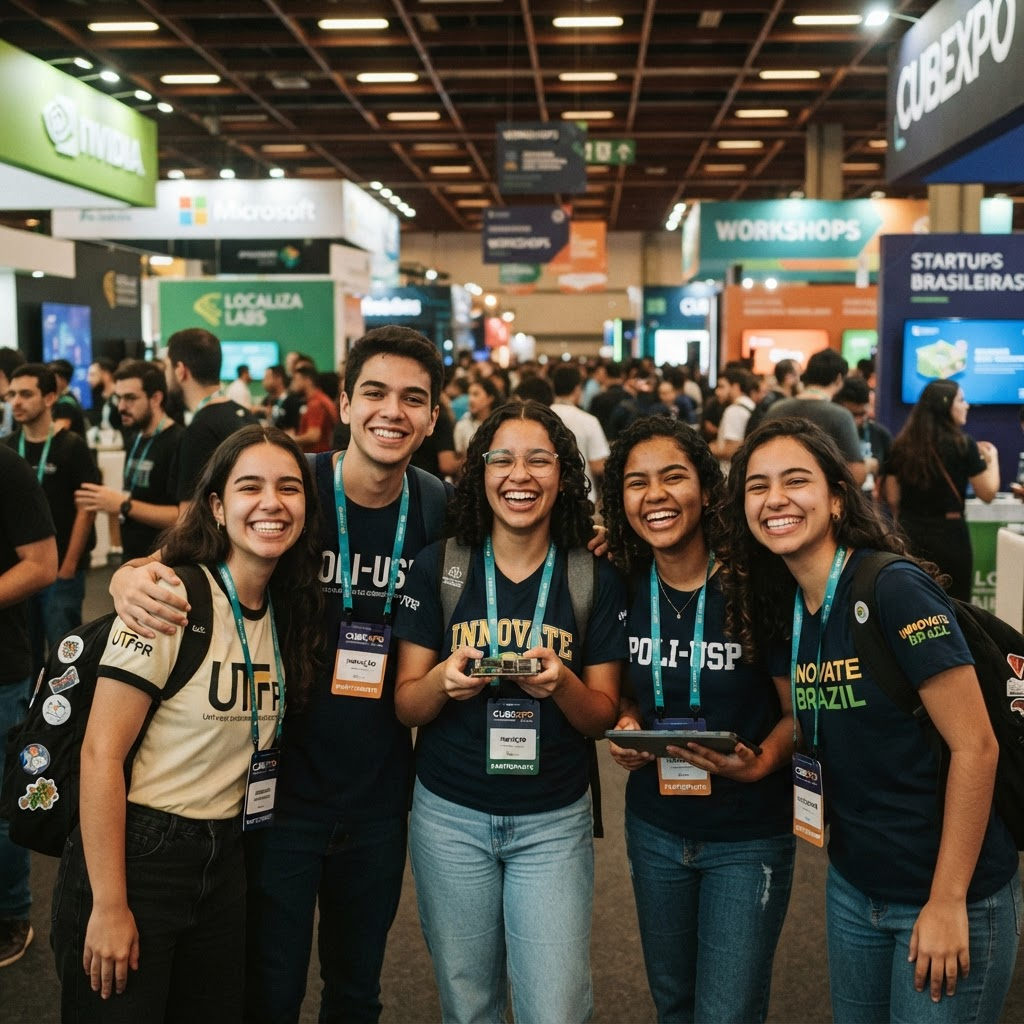 Grupo de alunos em feira de tecnologia