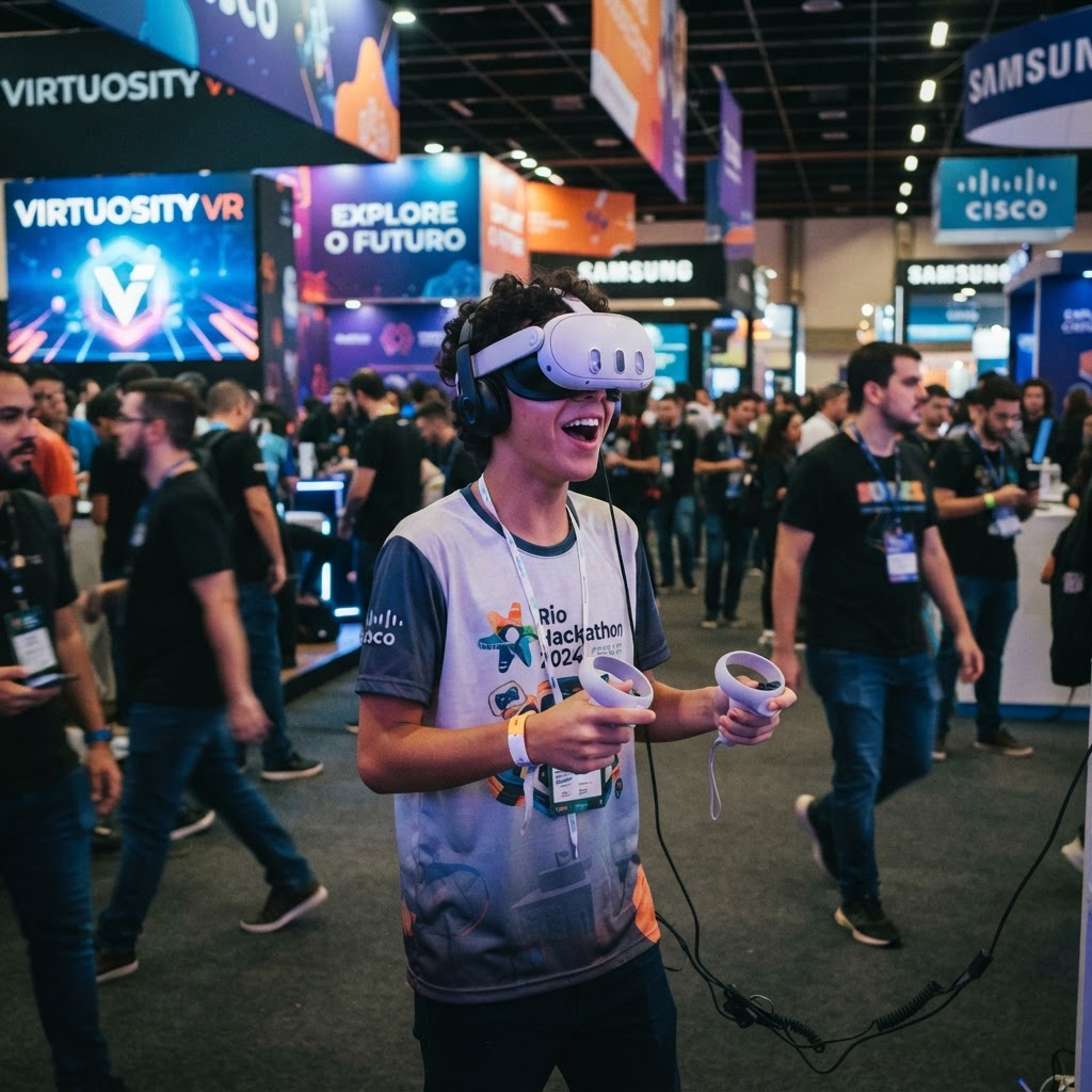 Aluno explorando realidade virtual em feira de tecnologia