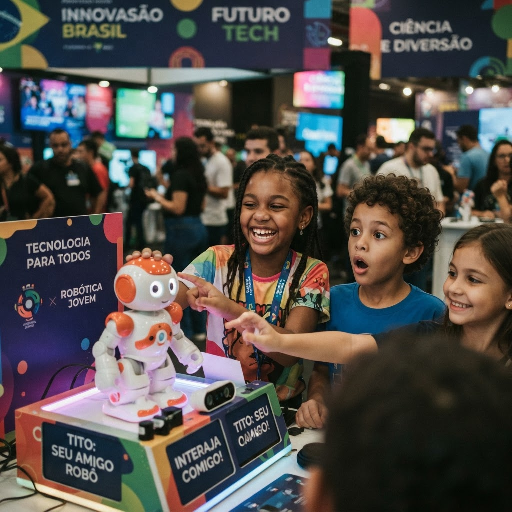 Crianças interagindo com um robô em exposição de tecnologia