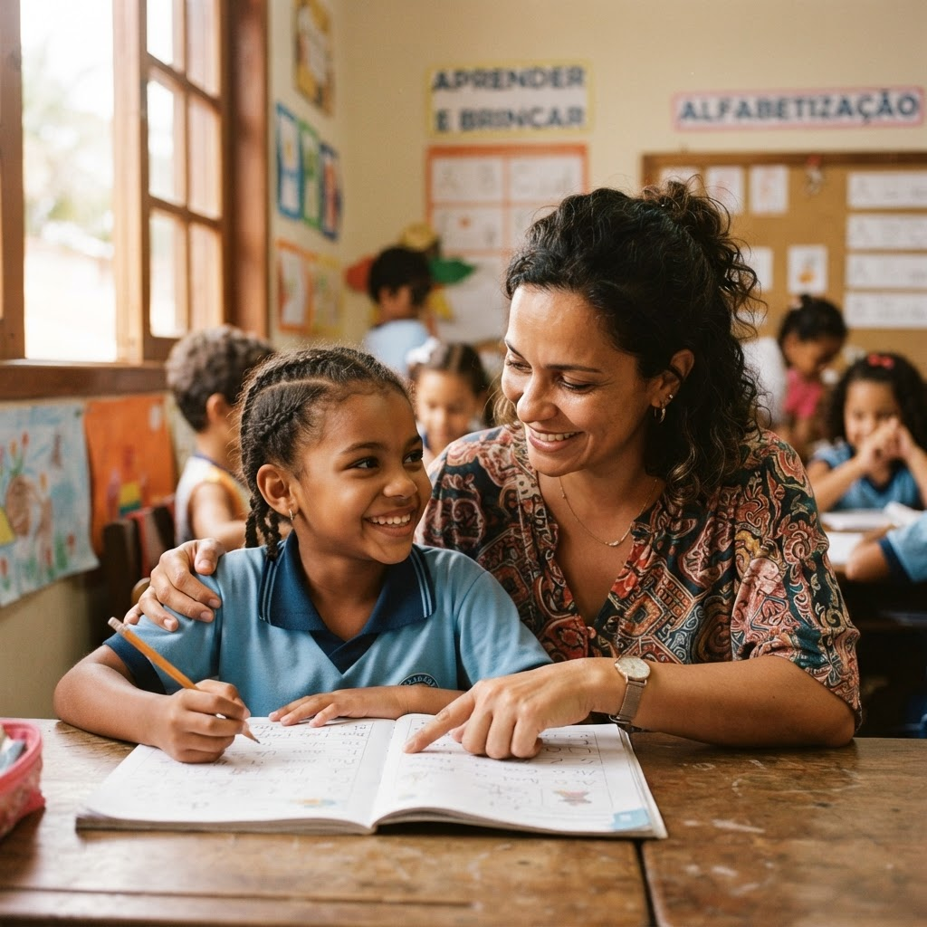 Professora acompanhando de perto o aprendizado de uma criança